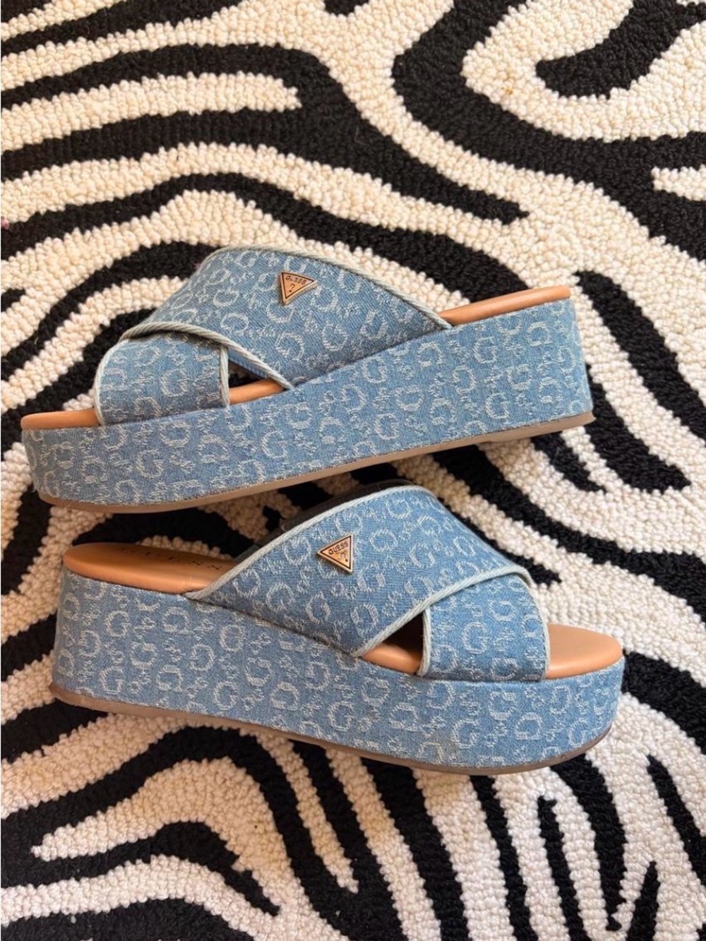 Guess Light Blue Denim Monogram Logo Platform Sandals